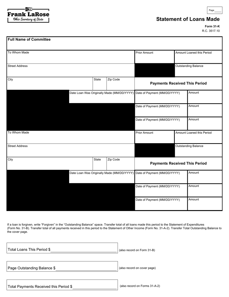 Form 31-K Statement of Loans Made - Ohio, Page 1