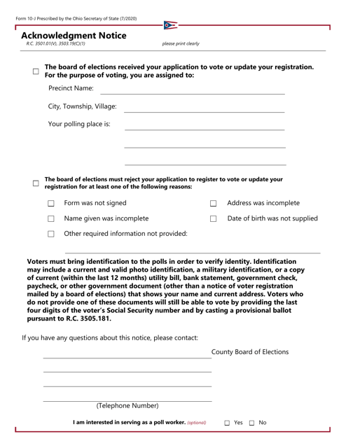 Form 10-J Acknowledgment Notice - Ohio