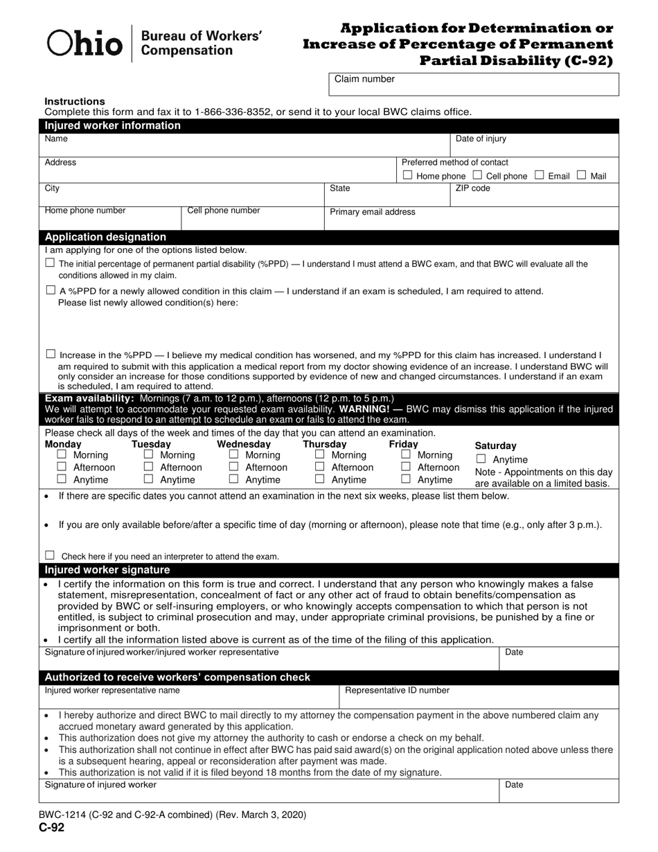Form C-92 (BWC-1214) Application for Determination or Increase of Percentage of Permanent Partial Disability - Ohio, Page 1