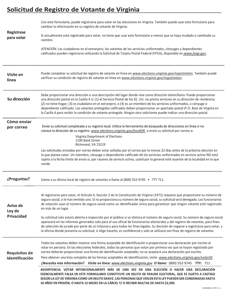 Formulario VA-NVRA-1 Solicitud De Registro De Votante De Virginia - Virginia (Spanish), Page 2