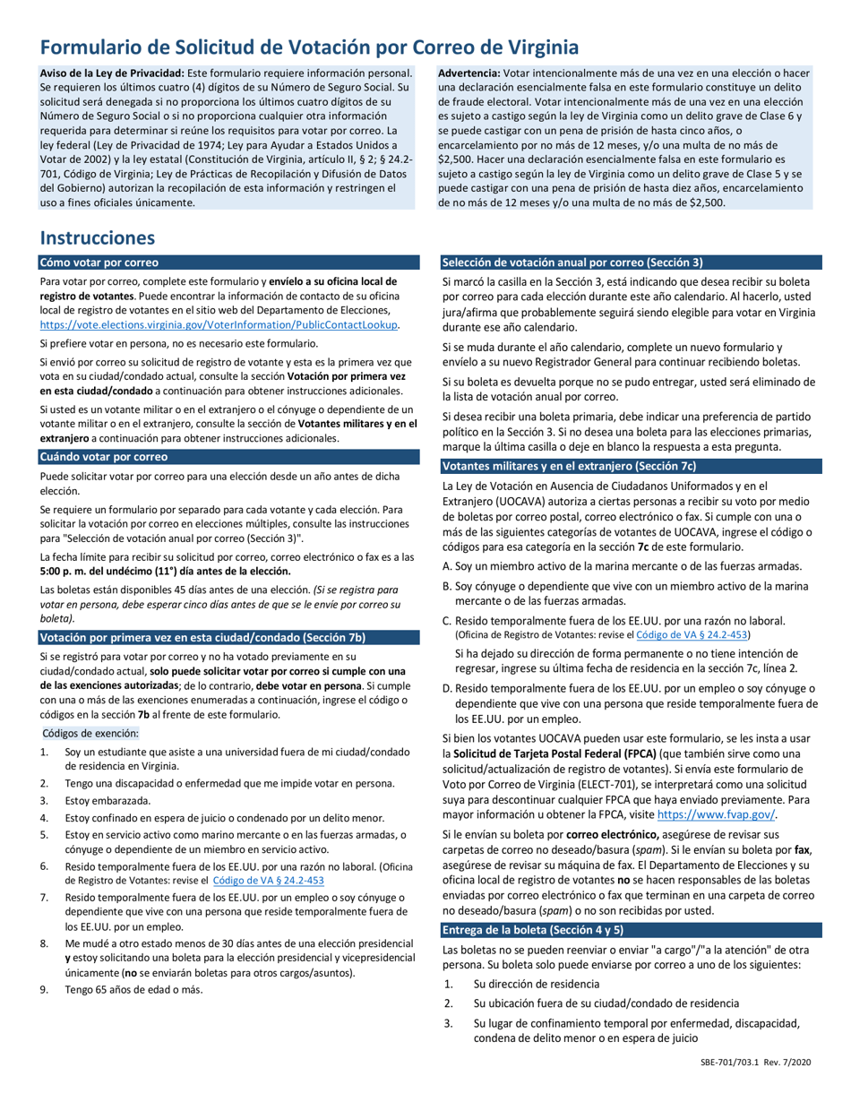 Formulario SBE-701 / 703.1 Formulario De Solicitud De Votacion Por Correo De Virginia - Virginia (Spanish), Page 2
