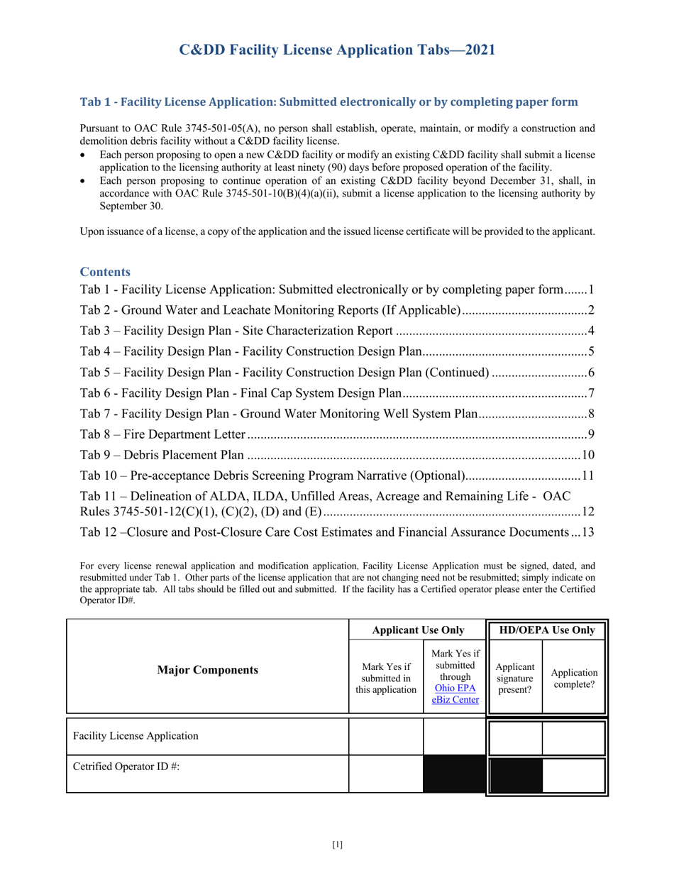 CDD Facility License Application Tabs - Ohio, Page 1