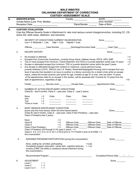 Form OP-060103A Male Inmates Custody Assessment Scale - Oklahoma