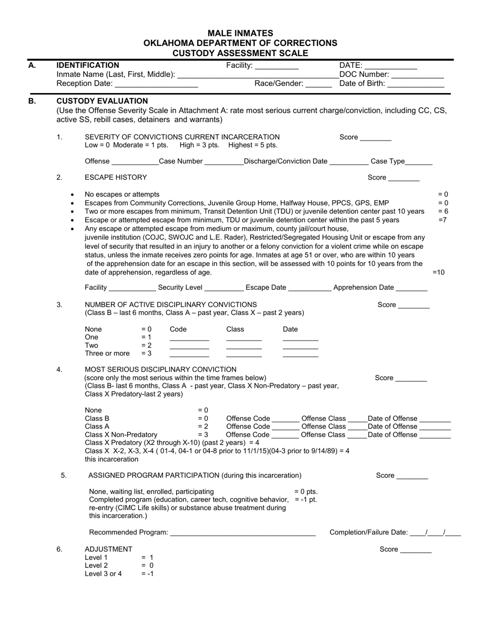 Form OP-060103A Male Inmates Custody Assessment Scale - Oklahoma, Page 1