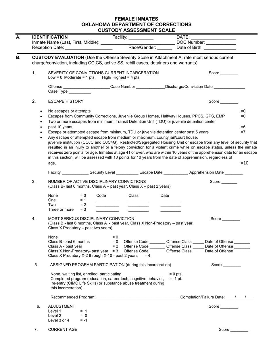 Form OP-060103A Female Inmates Custody Assessment Scale - Oklahoma, Page 1