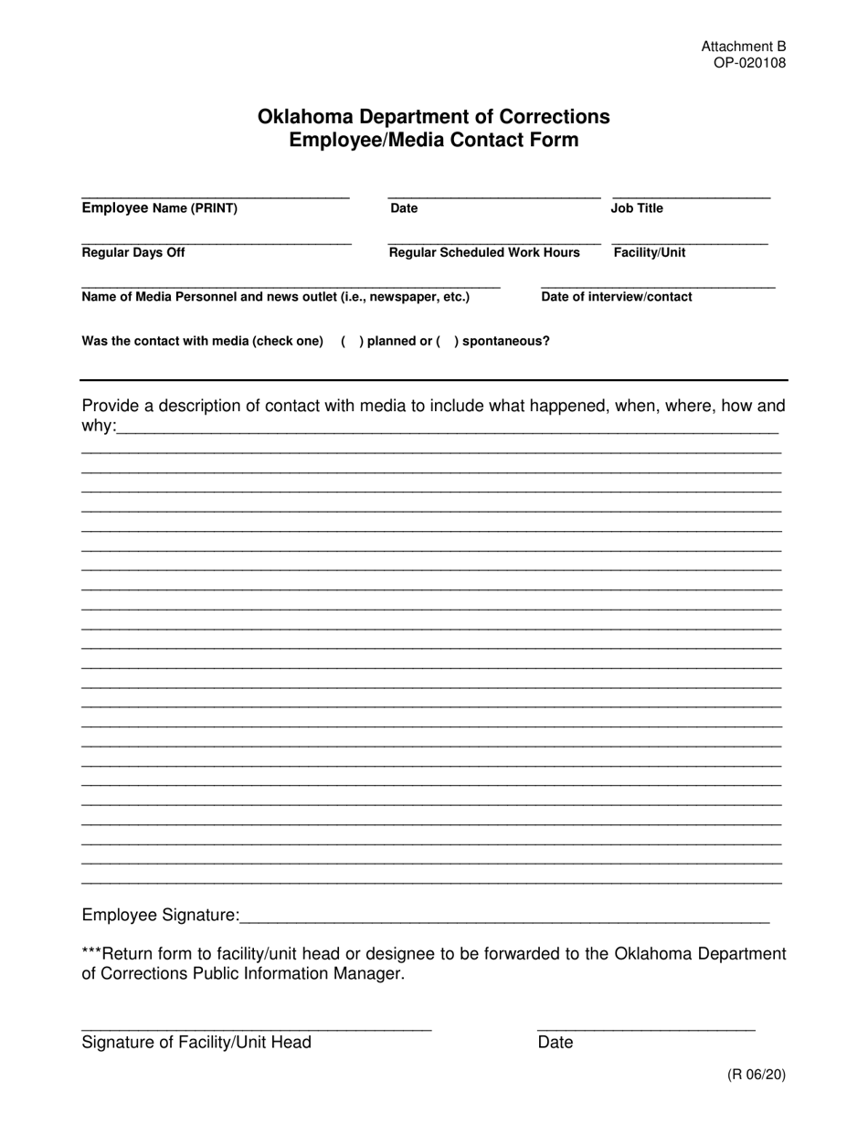 Form OP-020108 Attachment B Employee / Media Contact Form - Oklahoma, Page 1