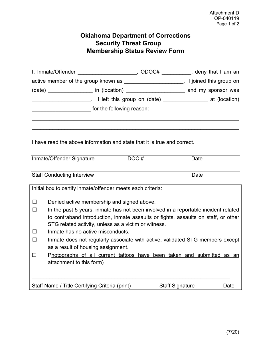 Form OP-040119 Attachment D Security Threat Group Membership Status Review Form - Oklahoma, Page 1