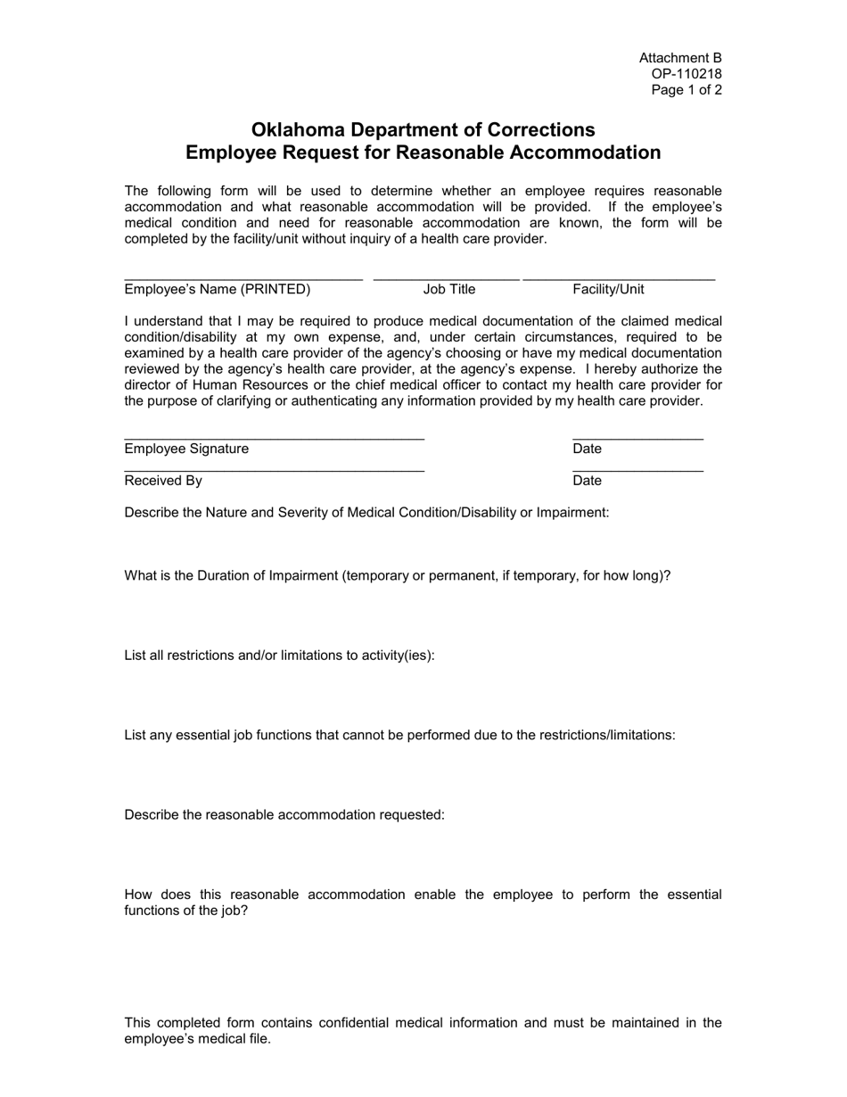Form OP-110218 Attachment B Employee Request for Reasonable Accommodation - Oklahoma, Page 1