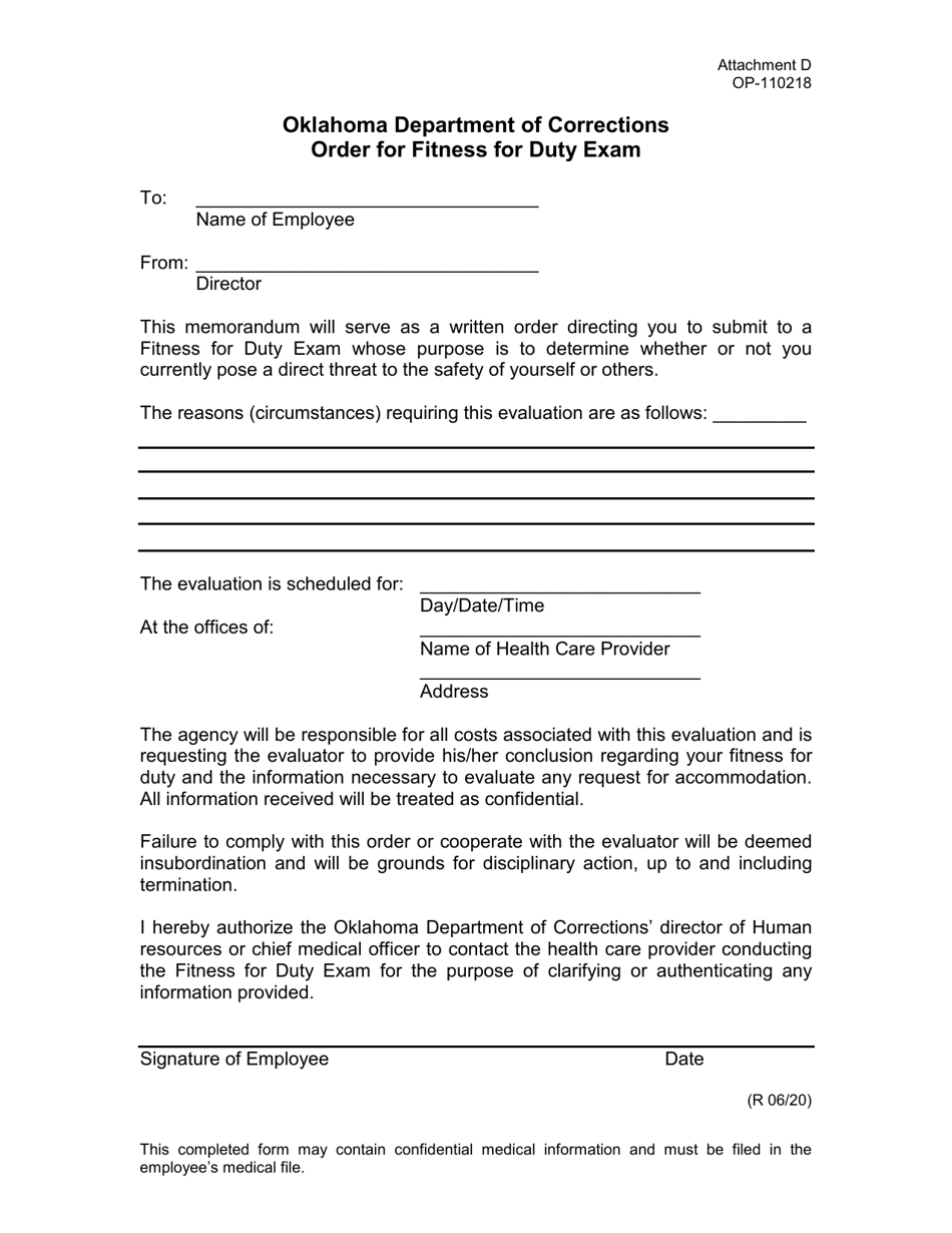 Form OP-110218 Attachment D Order for Fitness for Duty Exam - Oklahoma, Page 1