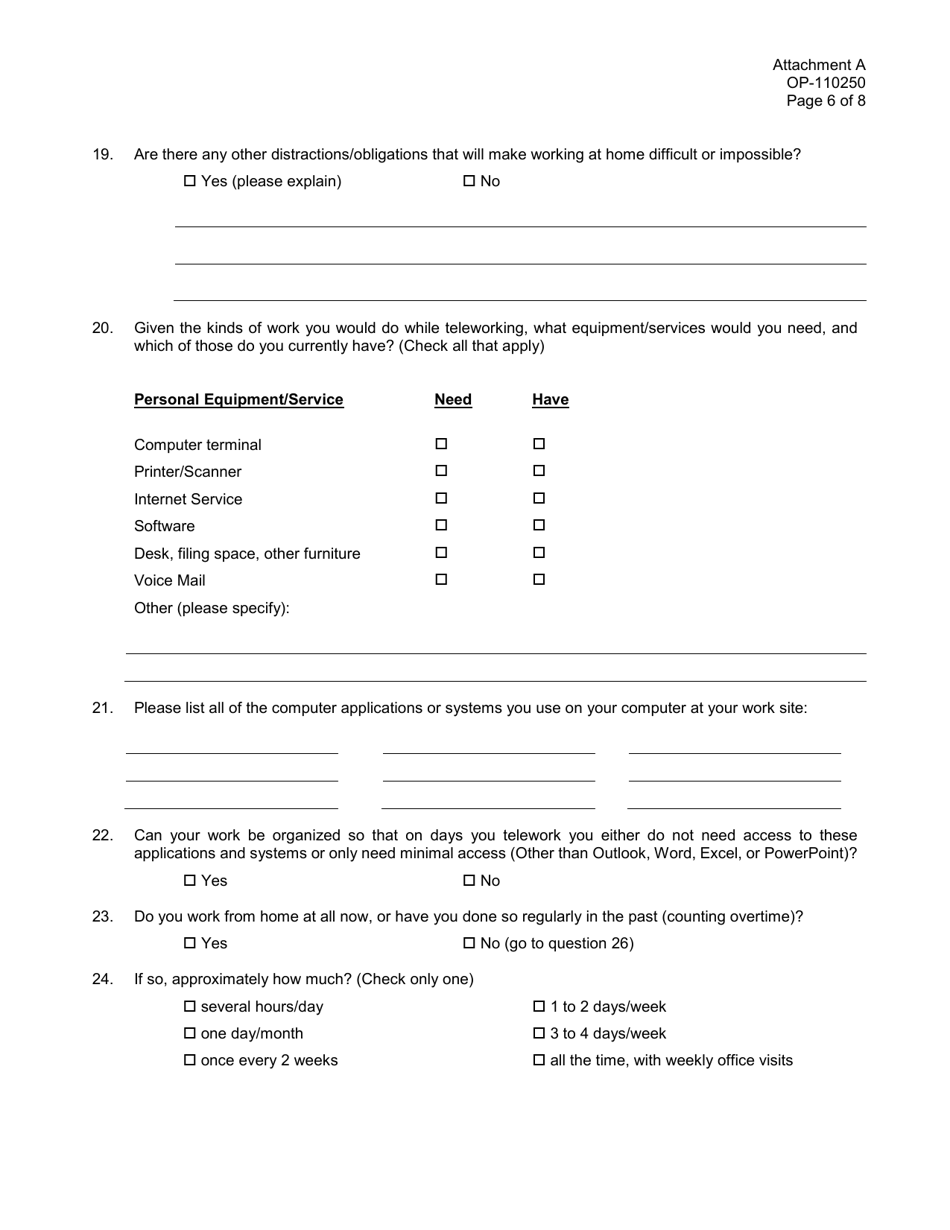 Form OP-110250 Attachment A Telework Self-assessment Survey - Oklahoma, Page 6