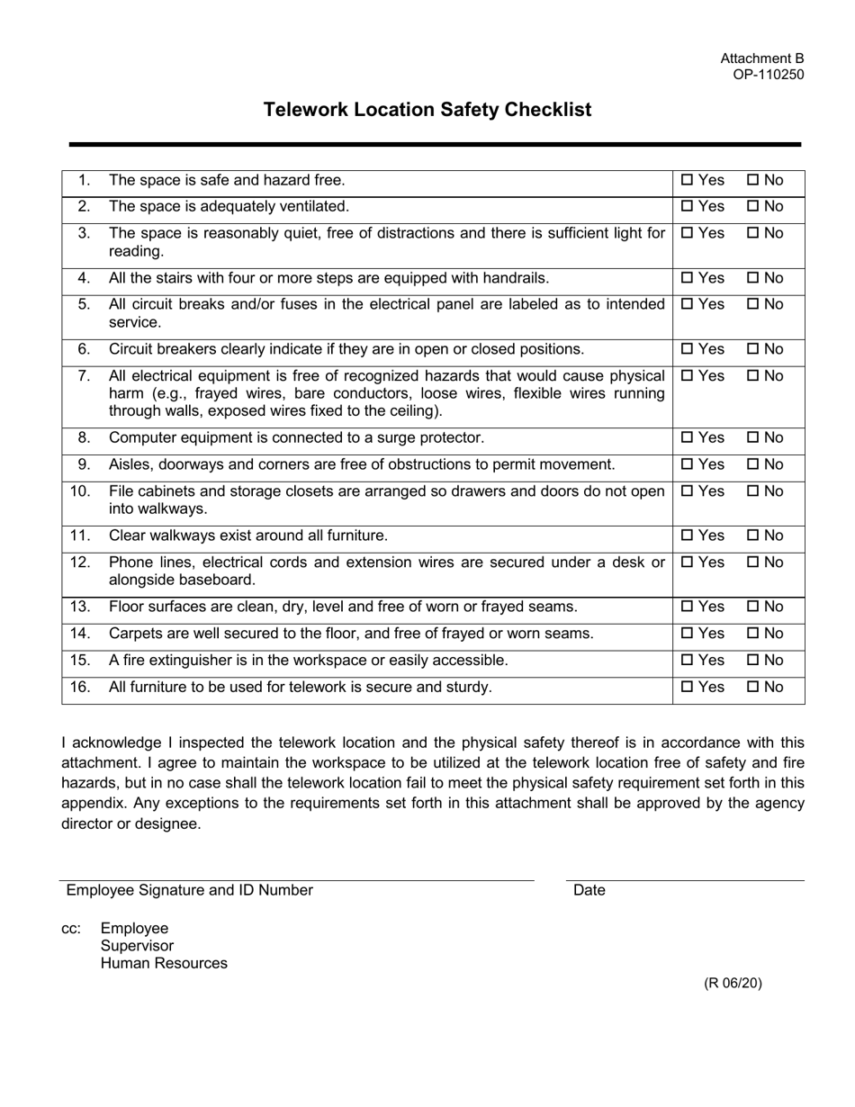 Form OP-110250 Attachment B Telework Location Safety Checklist - Oklahoma, Page 1