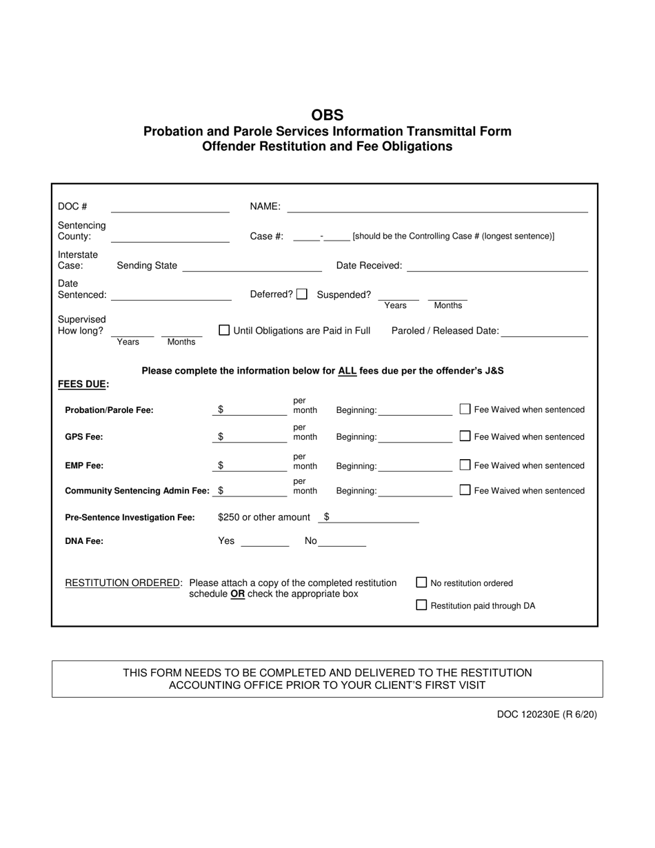 Form OP-120230E Probation and Parole Services Information Transmittal Form Offender Restitution and Fee Obligations - Oklahoma, Page 1