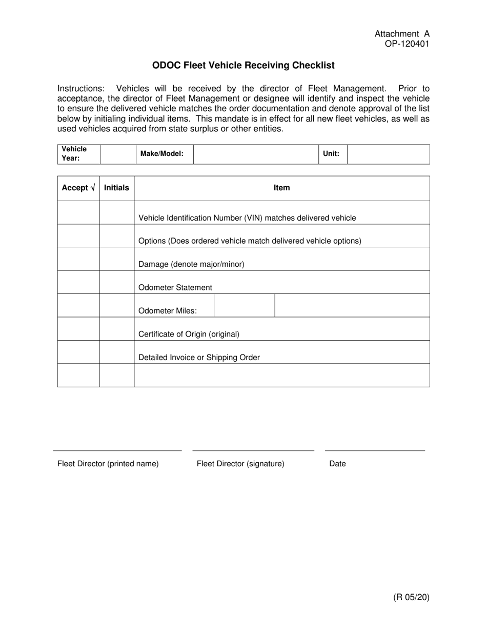 Form OP-120401 Attachment A Odoc Fleet Vehicle Receiving Checklist - Oklahoma, Page 1