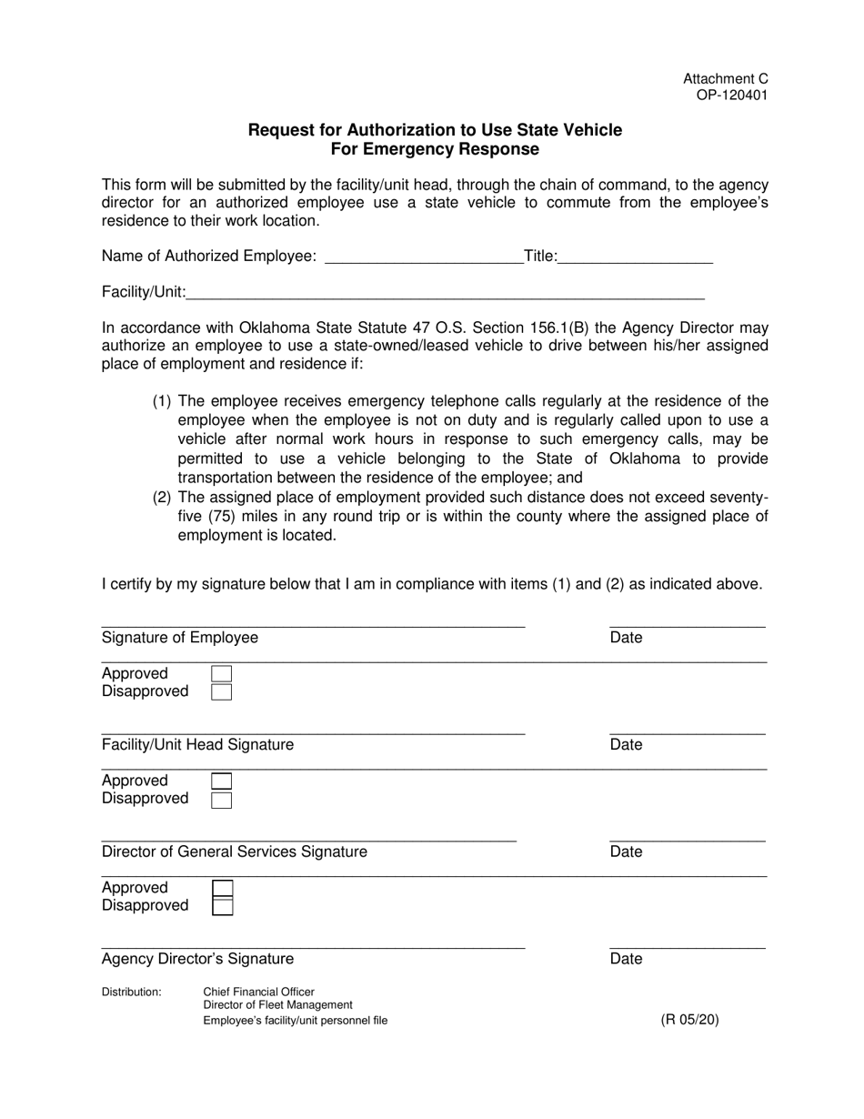 Form OP-120401 Attachment C Request for Authorization to Use State Vehicle for Emergency Response - Oklahoma, Page 1