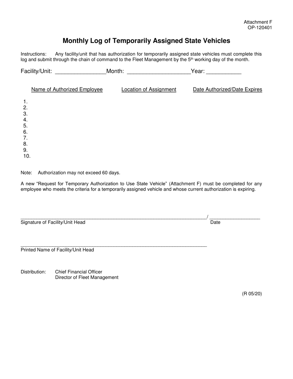Form OP-120401 Attachment F Monthly Log of Temporarily Assigned State Vehicles - Oklahoma, Page 1