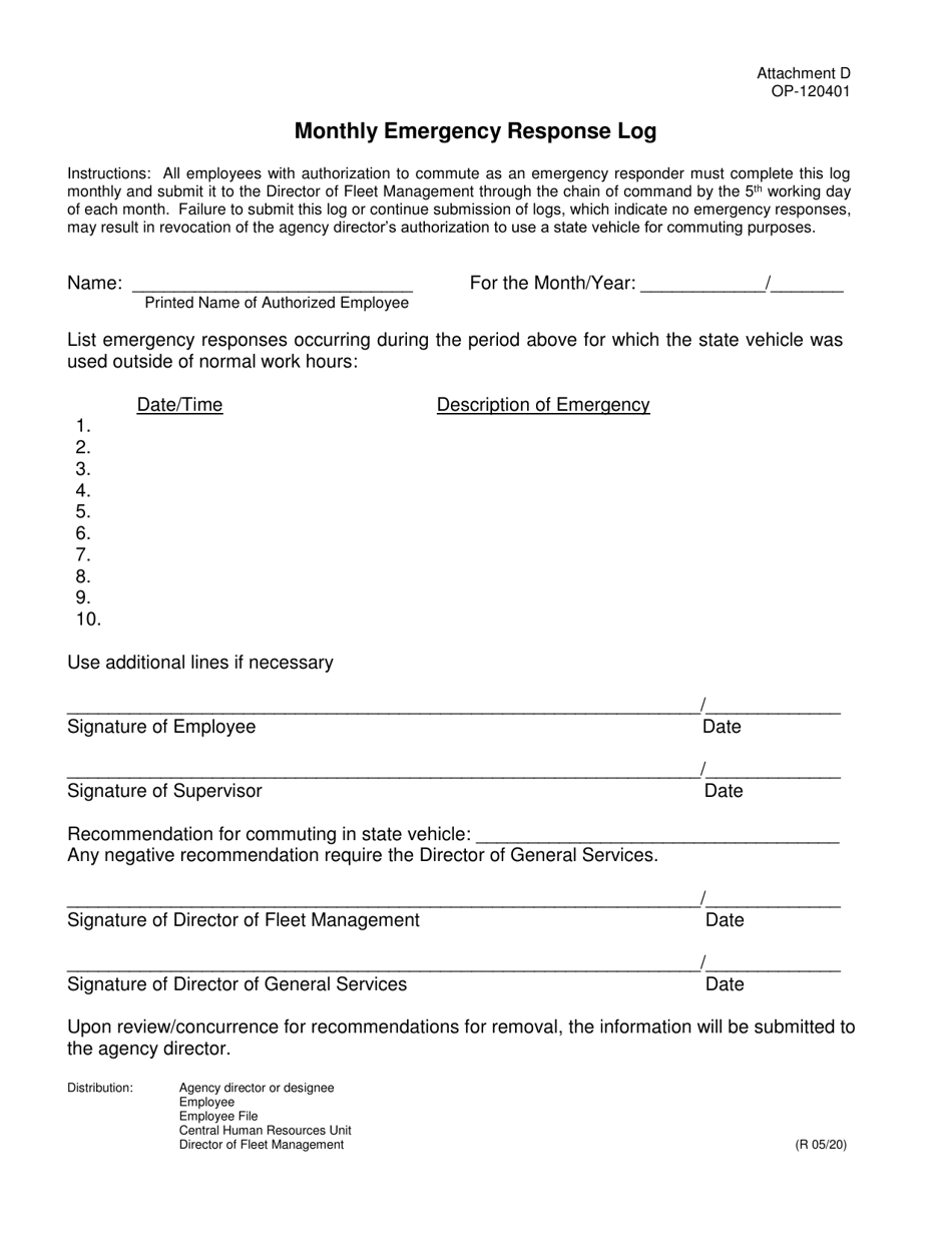 Form OP-120401 Attachment D Monthly Emergency Response Log - Oklahoma, Page 1
