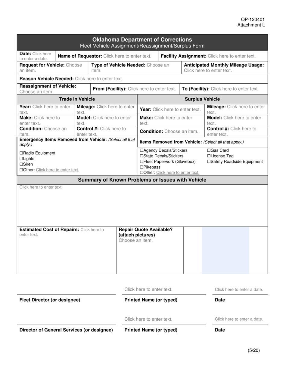 Form OP-120401 Attachment L Fleet Vehicle Assignment / Reassignment / Surplus Form - Oklahoma, Page 1