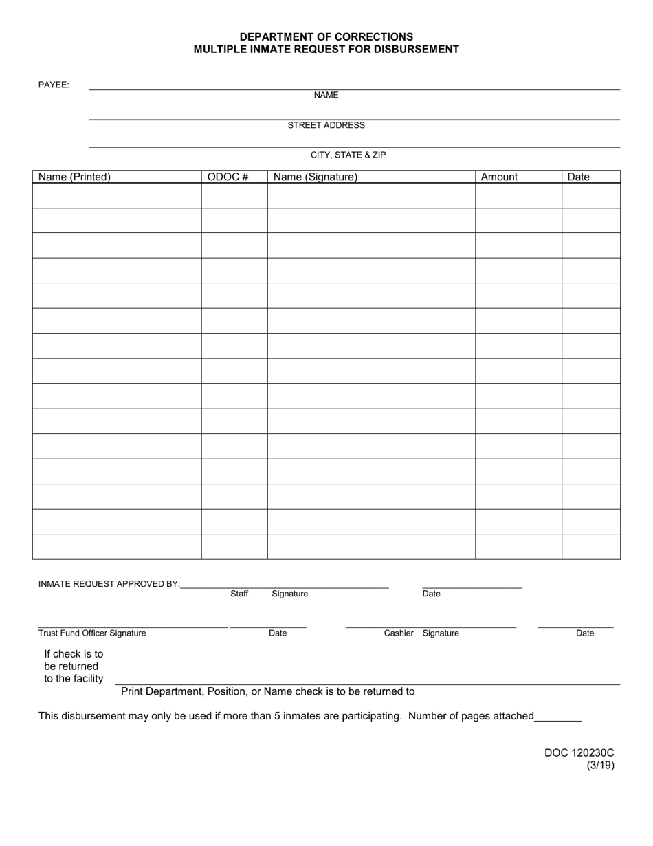Form OP-120230C Multiple Inmate Request for Disbursement - Oklahoma, Page 1