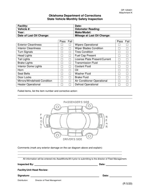 Form OP-120401 Attachment K State Vehicle Monthly Safety Inspection - Oklahoma
