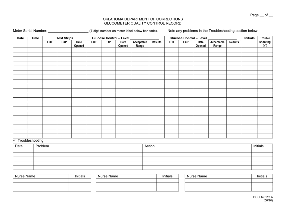 Form OP-140112 A Glucometer Quality Control Record - Oklahoma, Page 1