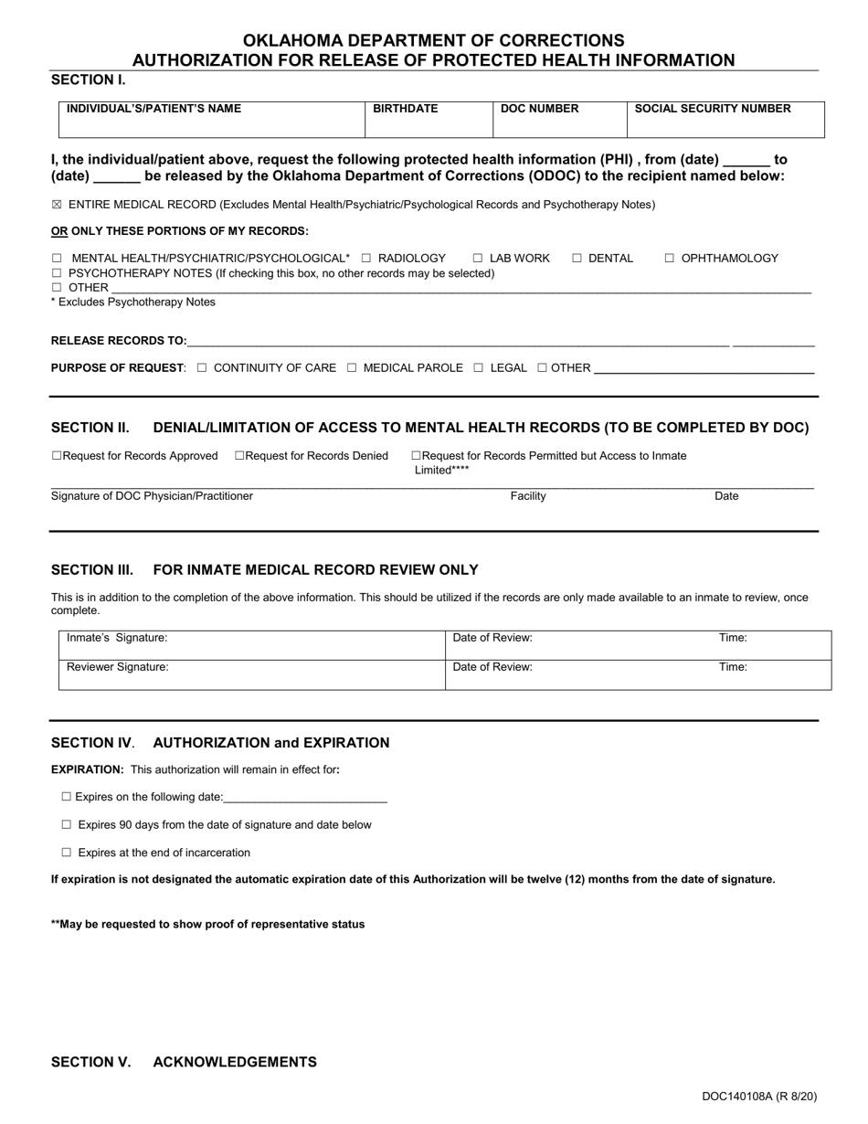 Form OP-140108A Authorization for Release of Protected Health Information - Oklahoma, Page 1