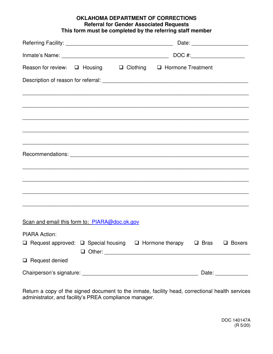 Form OP-140147A Referral for Gender Associated Requests - Oklahoma, Page 1