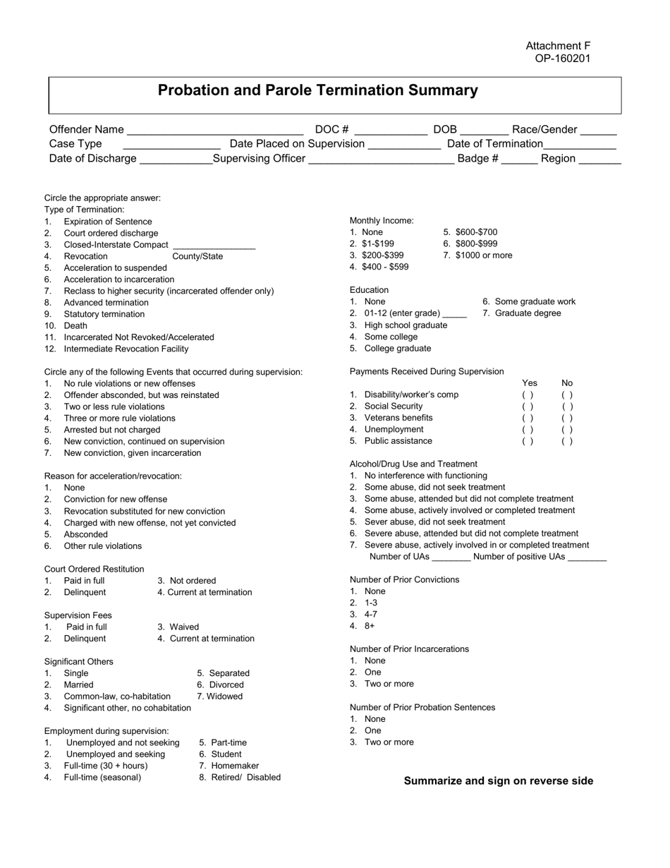Form OP-160201 Attachment F Probation and Parole Termination Summary - Oklahoma, Page 1