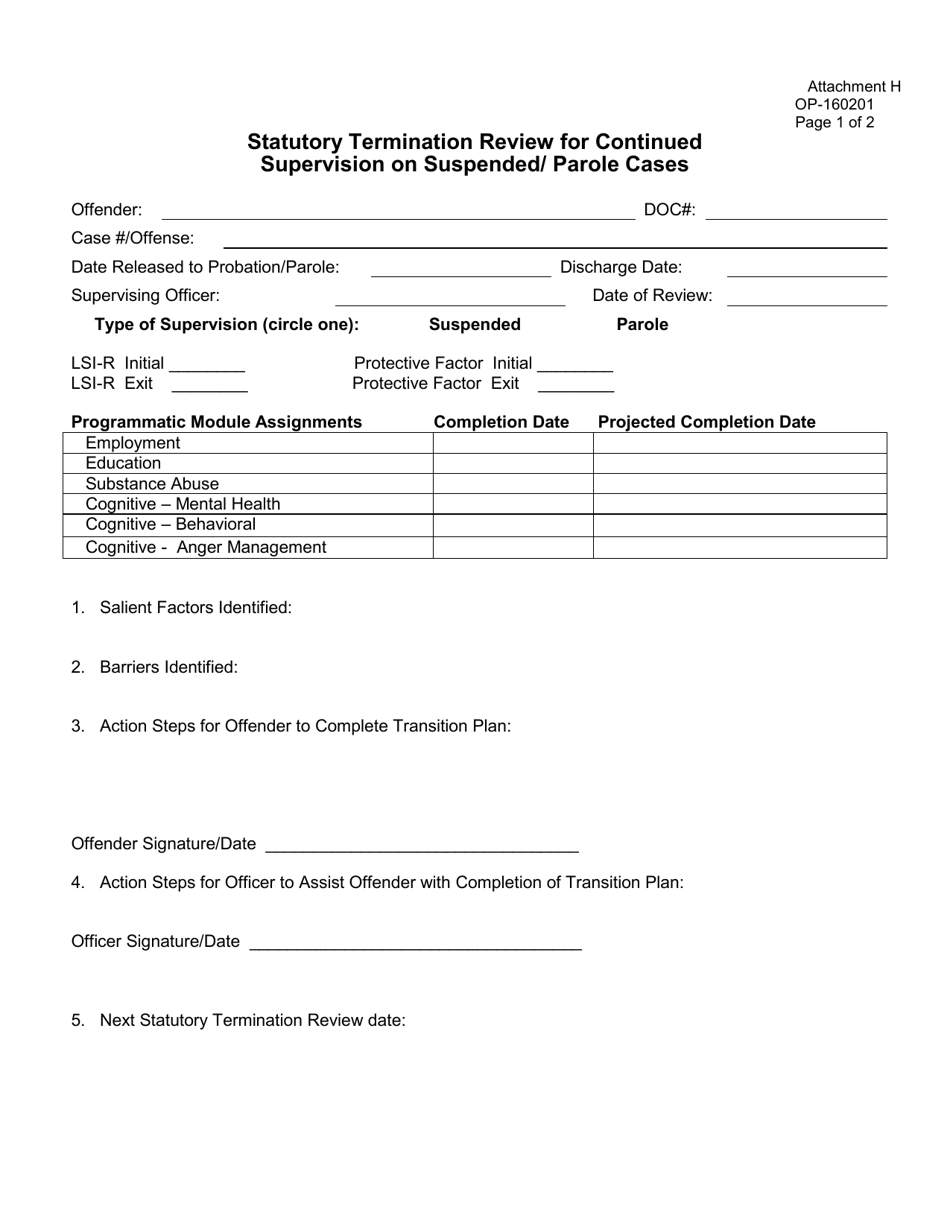 Form OP-160201 Attachment H Statutory Termination Review for Continued Supervision on Suspended / Parole Cases - Oklahoma, Page 1