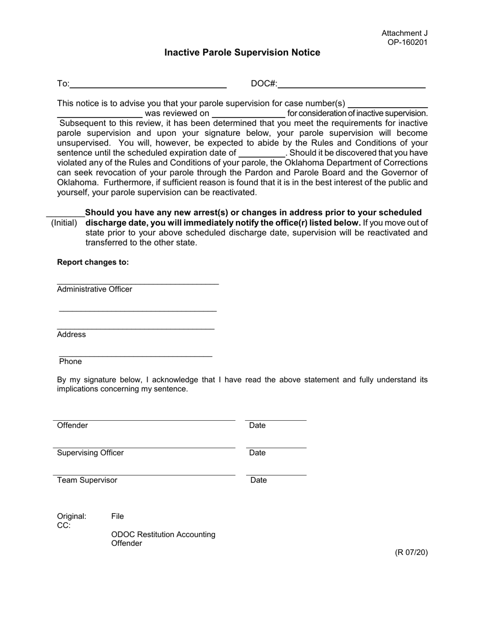 Form OP-160201 Attachment J Inactive Parole Supervision Notice - Oklahoma, Page 1