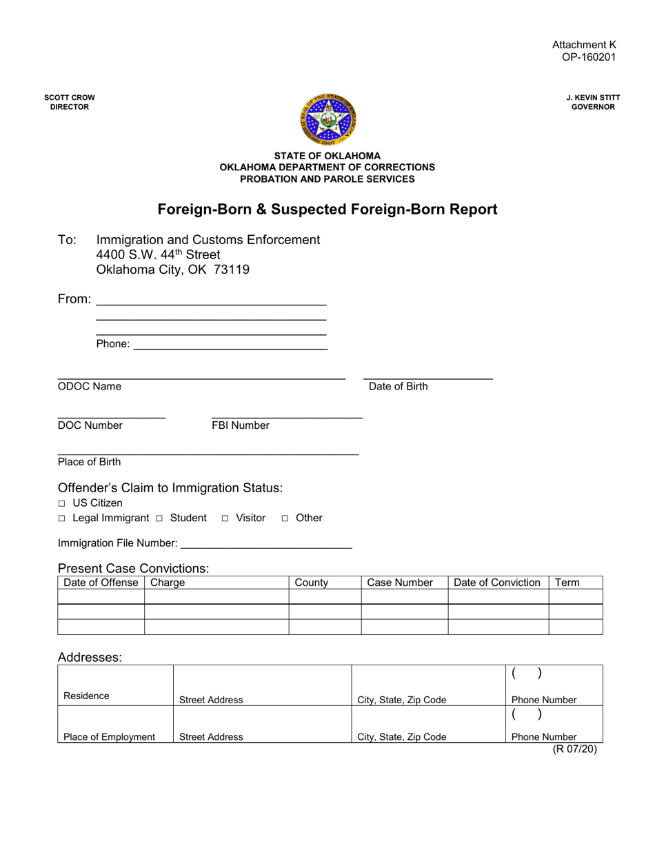 Form OP-160201 Attachment K Foreign-Born  Suspected Foreign-Born Report - Oklahoma, Page 1