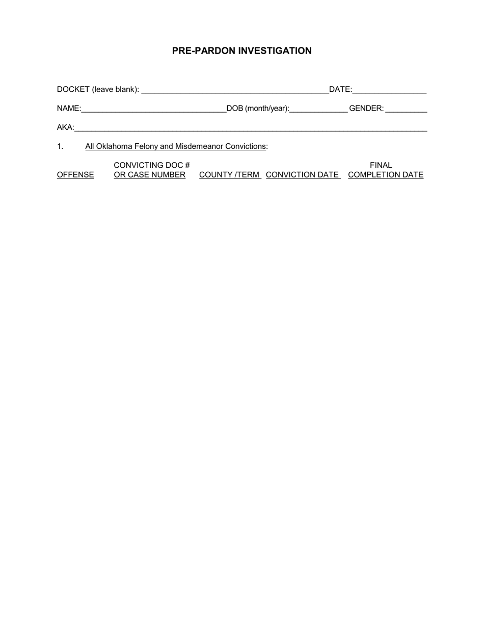 Form OP-160301A Pre-pardon Investigation - Oklahoma, Page 1