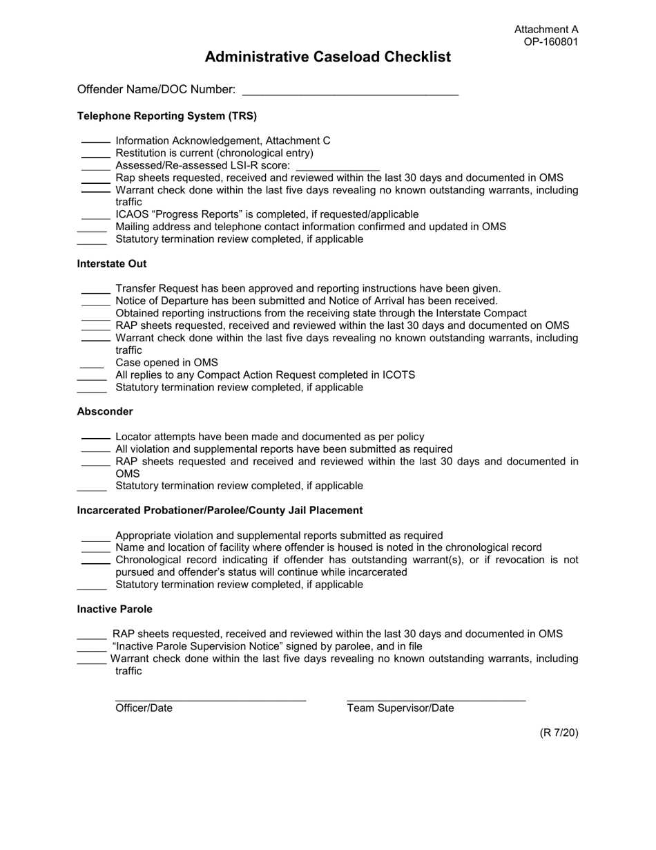 Form OP-160801 Attachment A Administrative Caseload Checklist - Oklahoma, Page 1