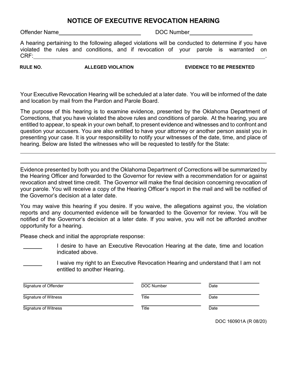 Form OP-160901A Notice of Executive Revocation Hearing - Oklahoma, Page 1
