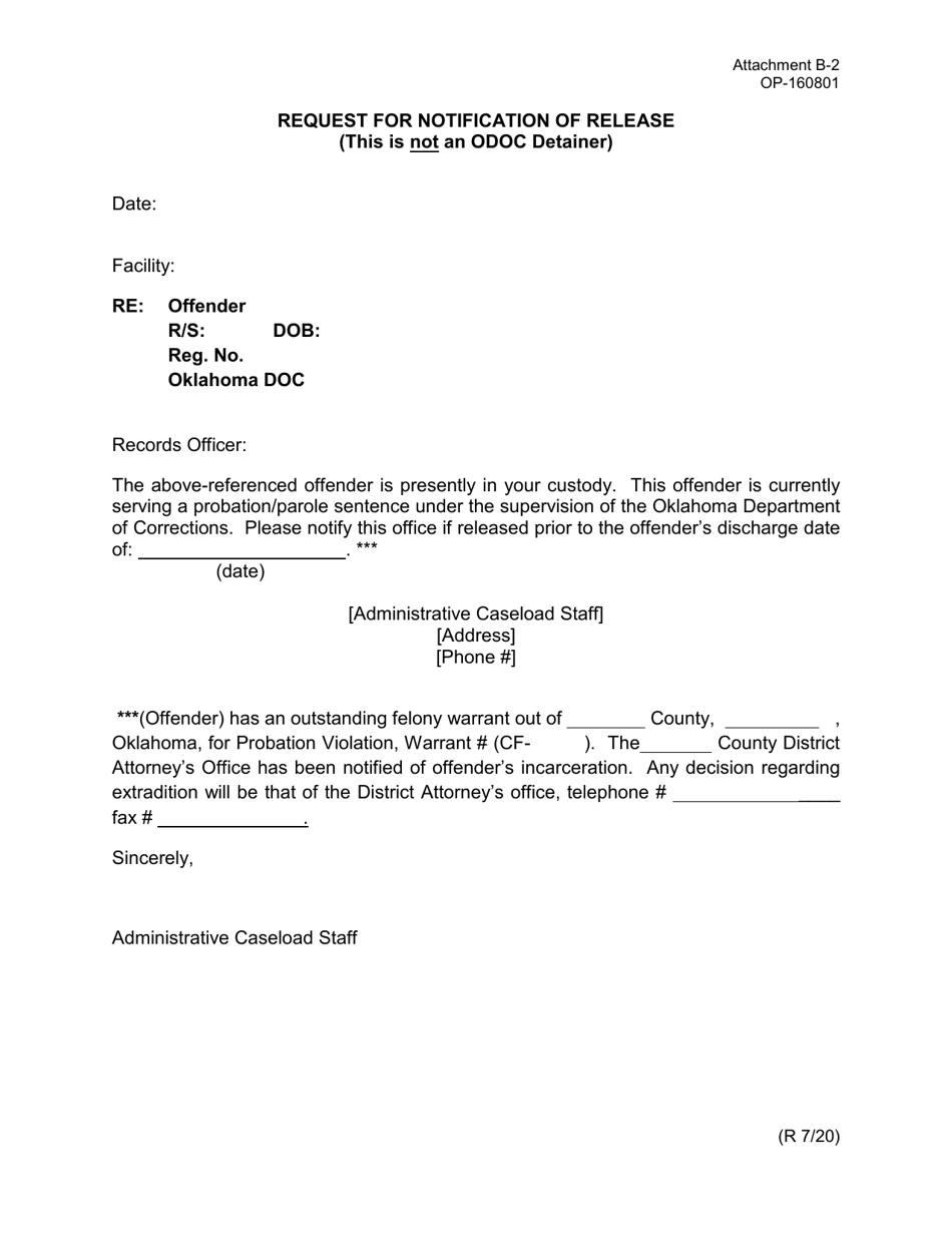 Form OP-160801 Attachment B-2 Request for Notification of Release - Oklahoma, Page 1