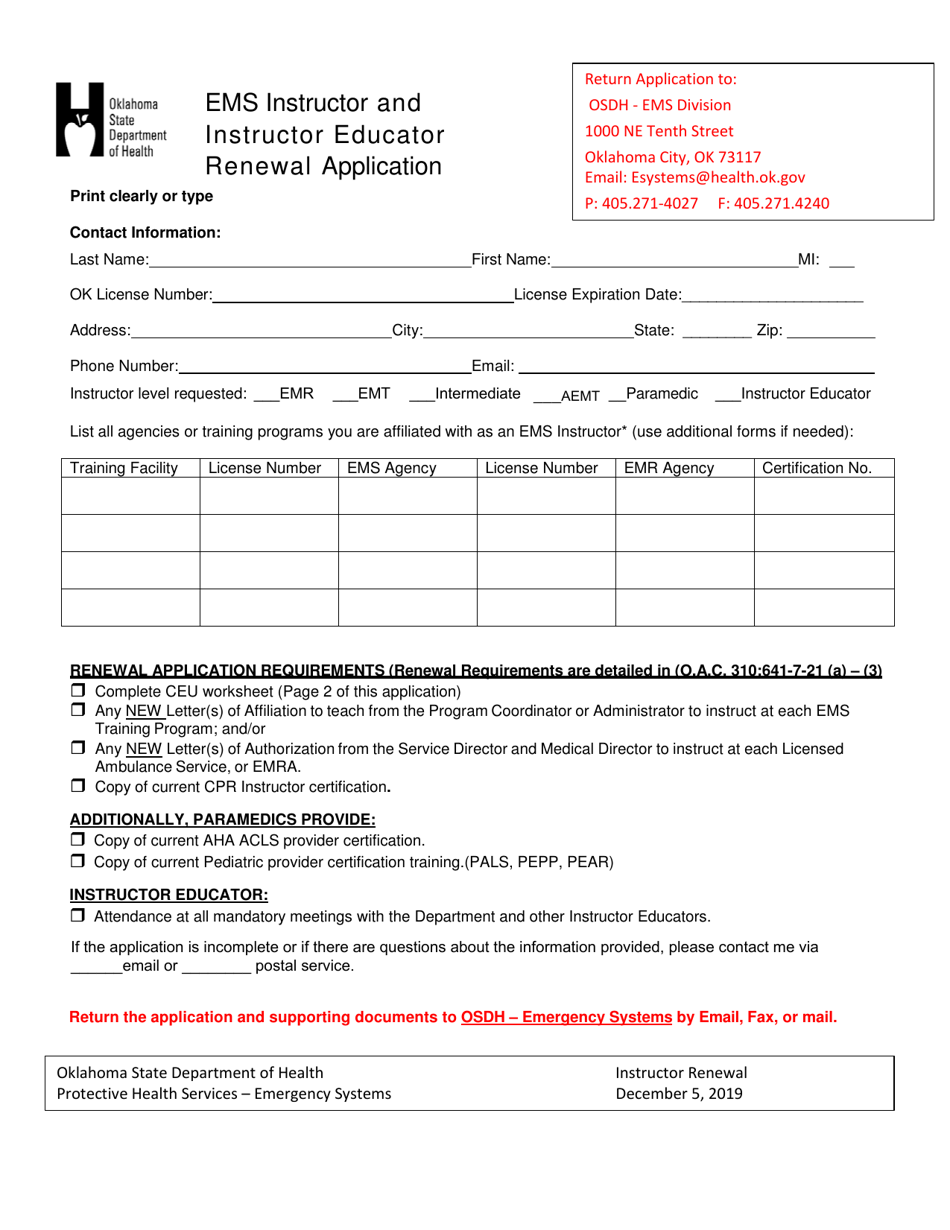 Oklahoma EMS Instructor and Instructor Educator Renewal Application