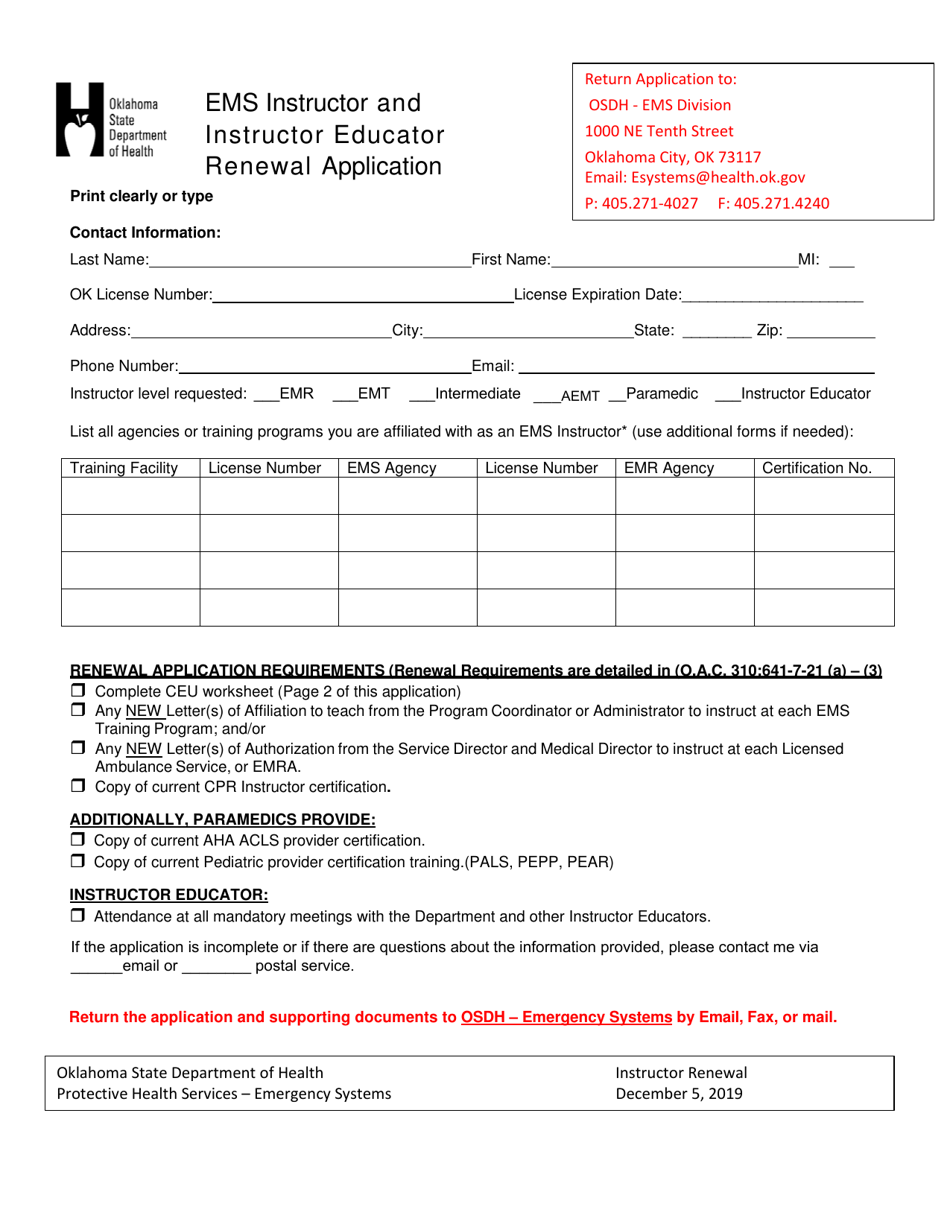 EMS Instructor and Instructor Educator Renewal Application - Oklahoma, Page 1