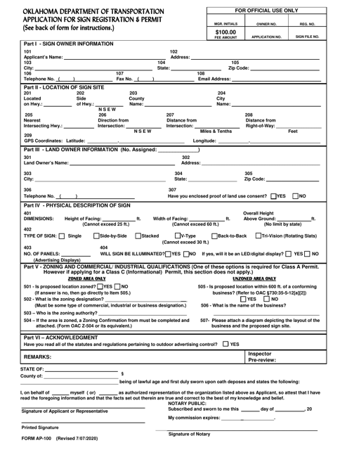 Form AP-100 Application for Sign Registration & Permit - Oklahoma