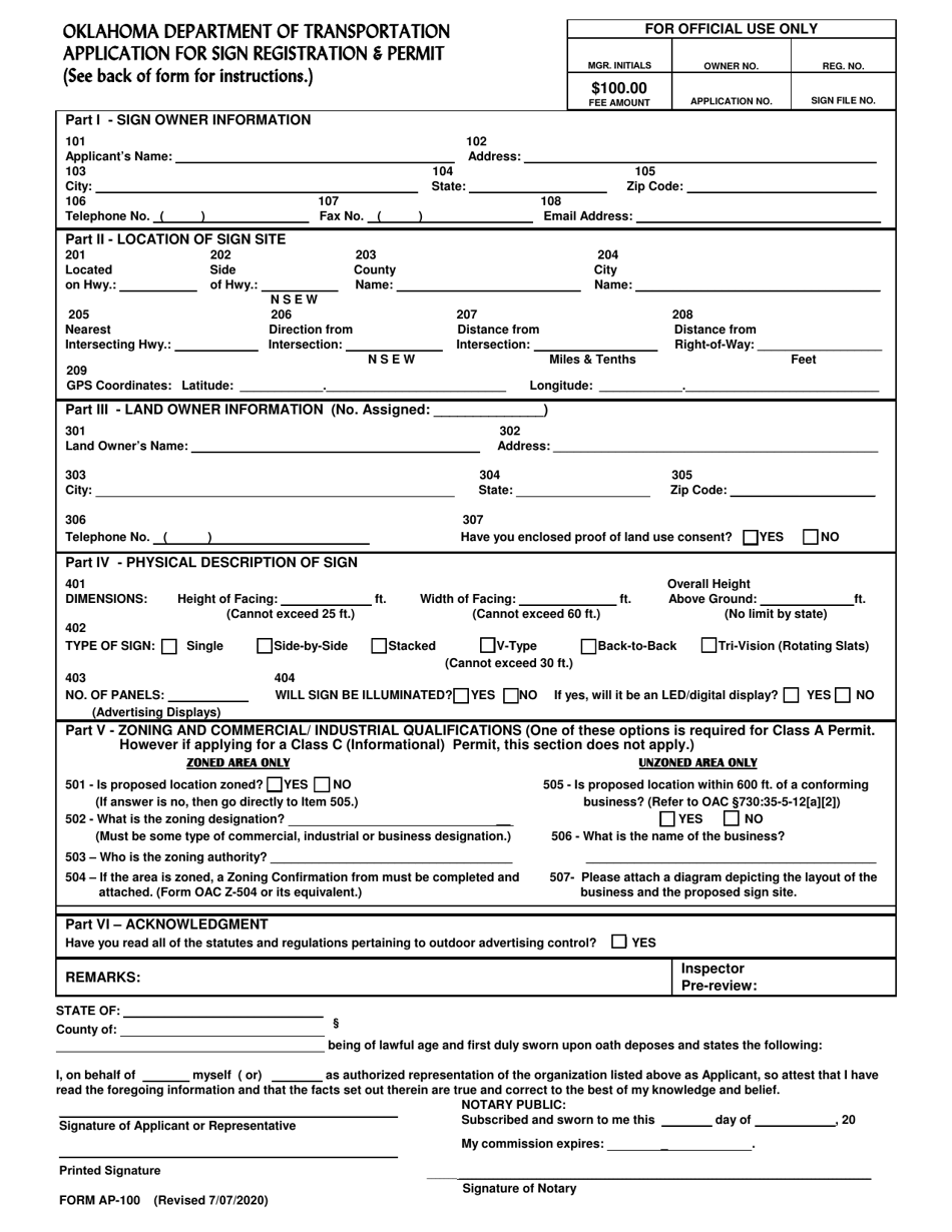 Form AP-100 Application for Sign Registration  Permit - Oklahoma, Page 1