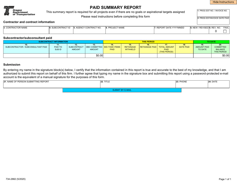 Form 734-2882 Paid Summary Report - Oregon