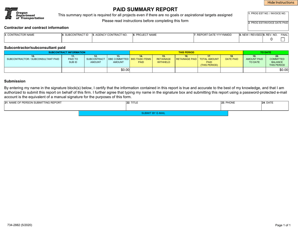 Form 734-2882 Paid Summary Report - Oregon, Page 1