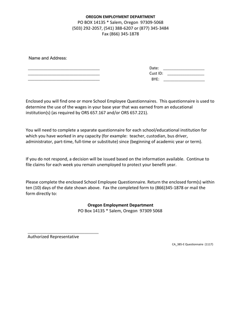 Form 385-E Questionnaire - Oregon