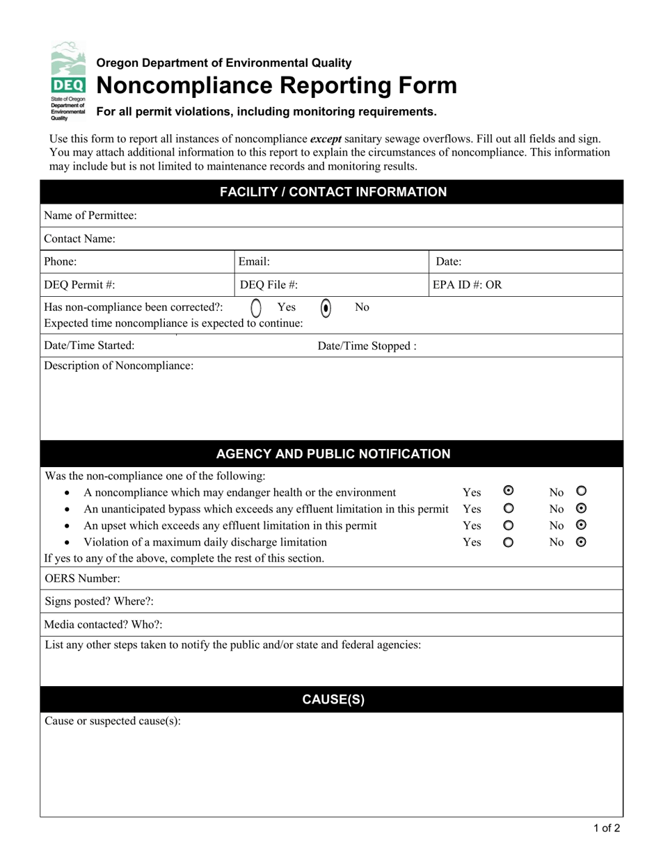 Noncompliance Reporting Form - Oregon, Page 1
