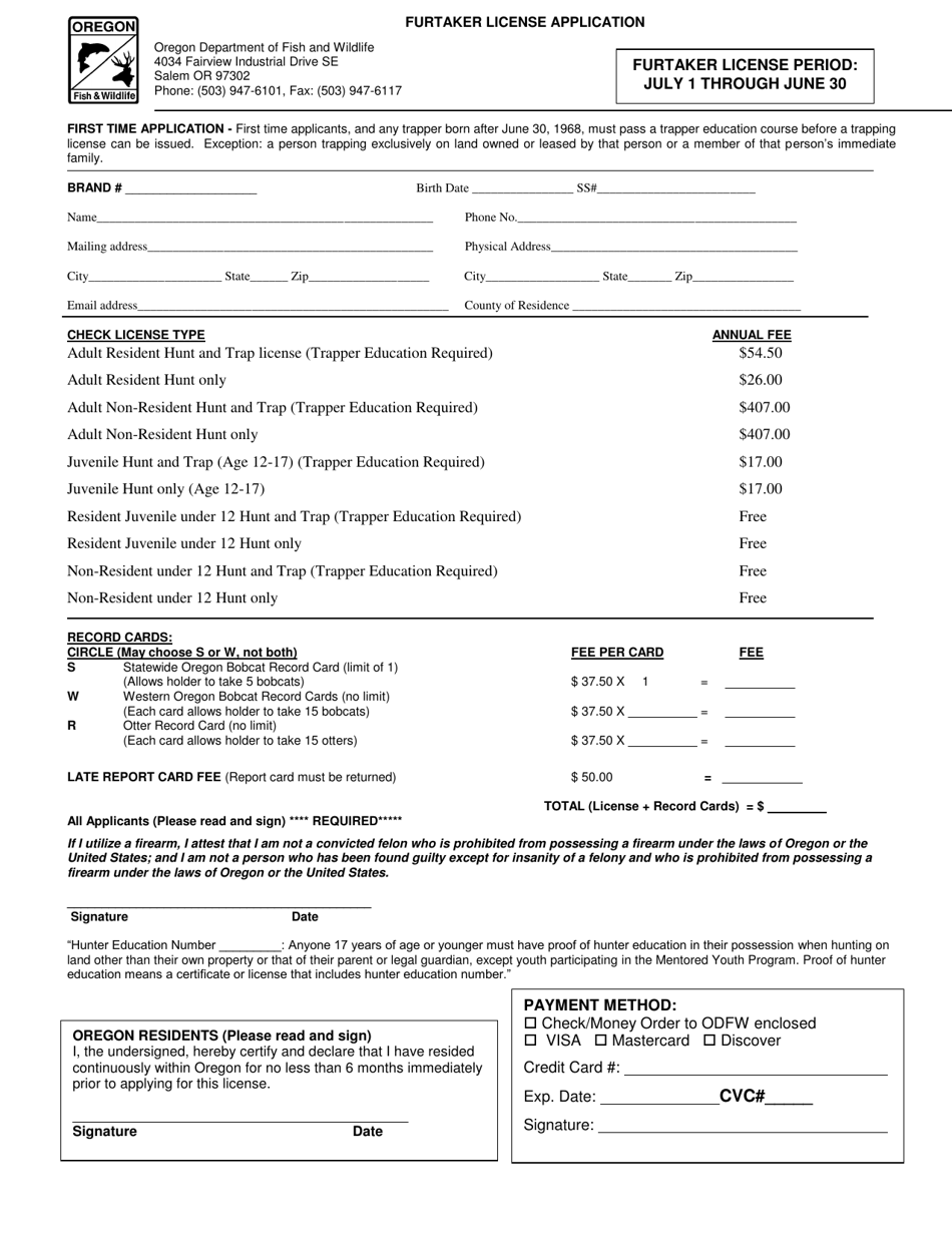 Furtaker License Application - Oregon, Page 1