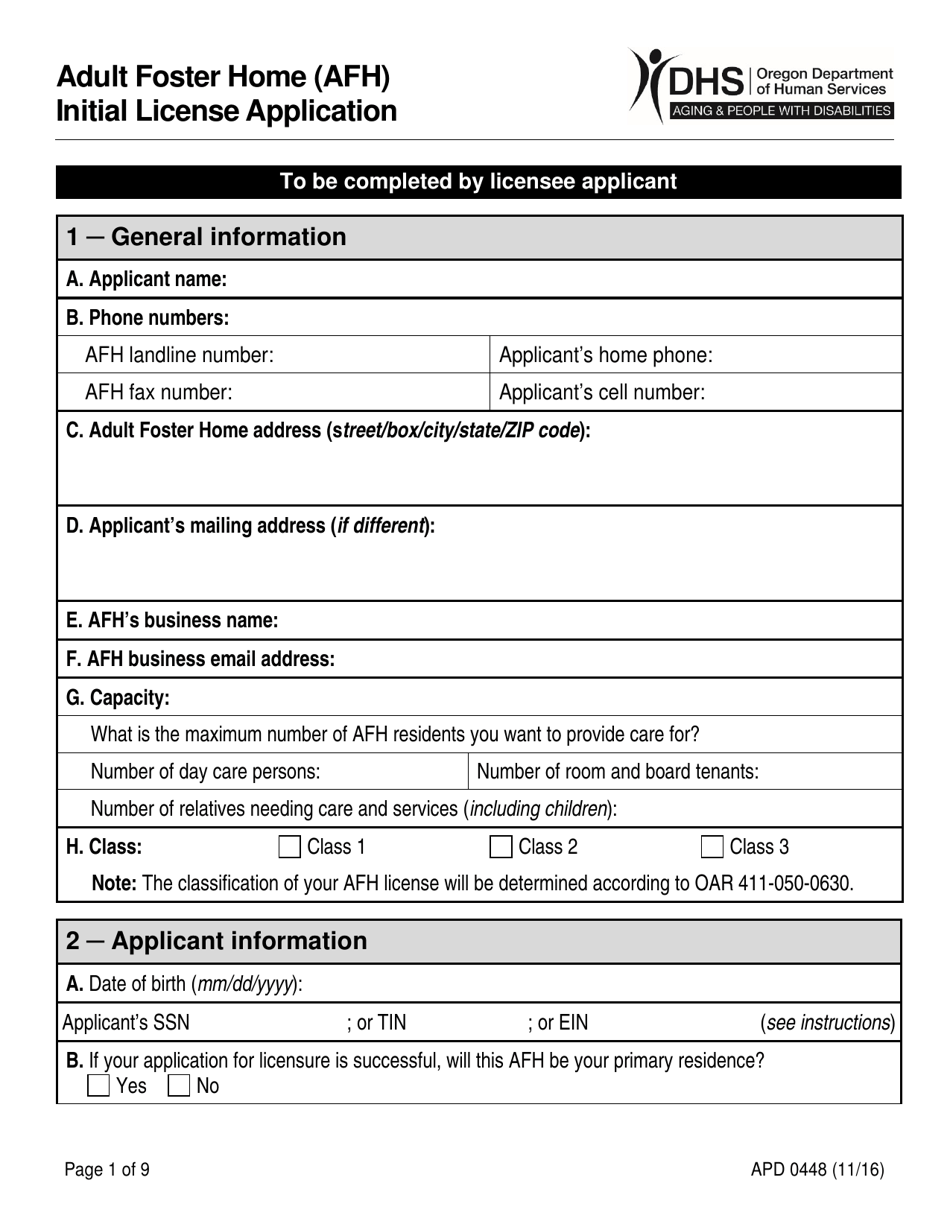 Form ADP0448 Adult Foster Home (Afh) Initial License Application - Oregon, Page 2
