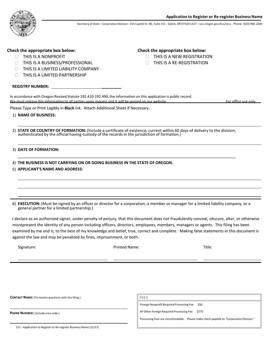Form 211 Application to Register or Re-register Business Name - Oregon, Page 1