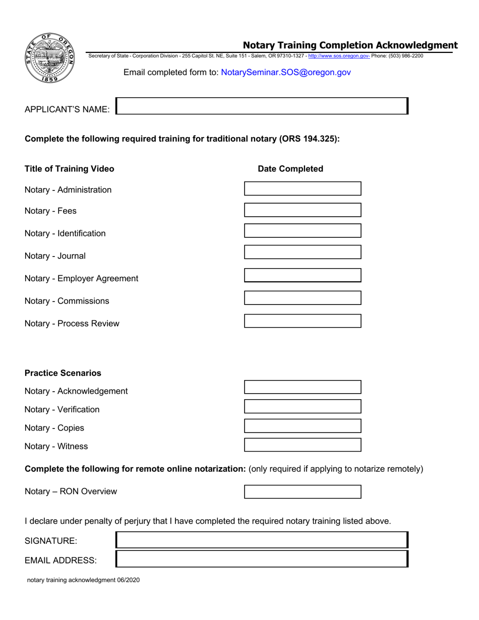 Oregon Notary Training Completion Acknowledgment Fill Out, Sign