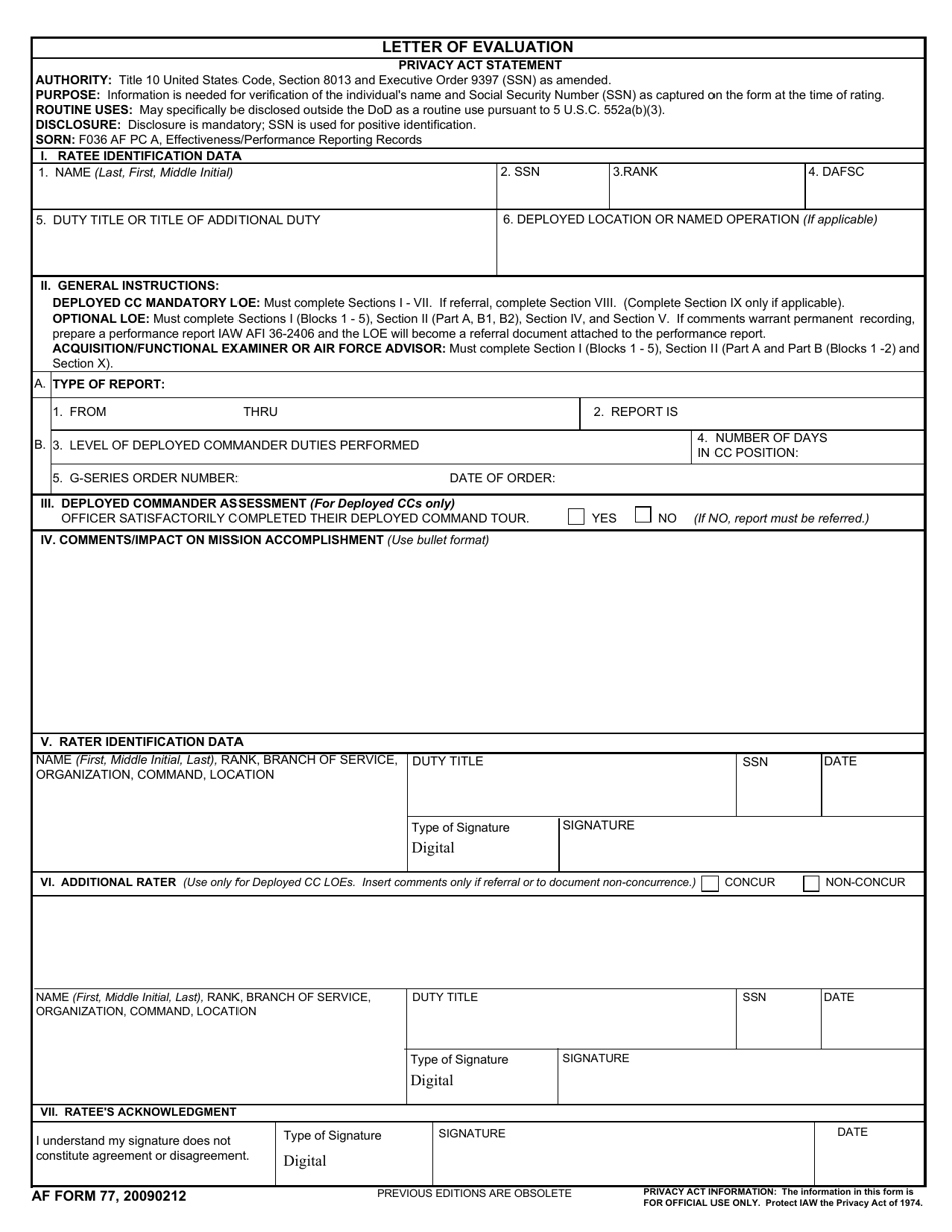 AF Form 77 - Fill Out, Sign Online and Download Fillable PDF ...