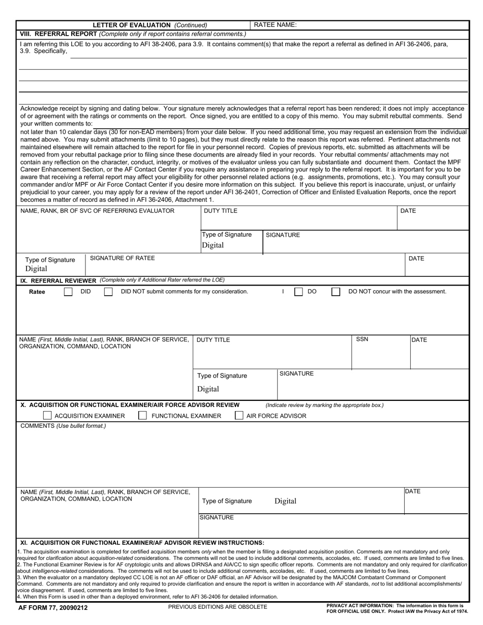 AF Form 77 Letter of Evaluation, Page 2