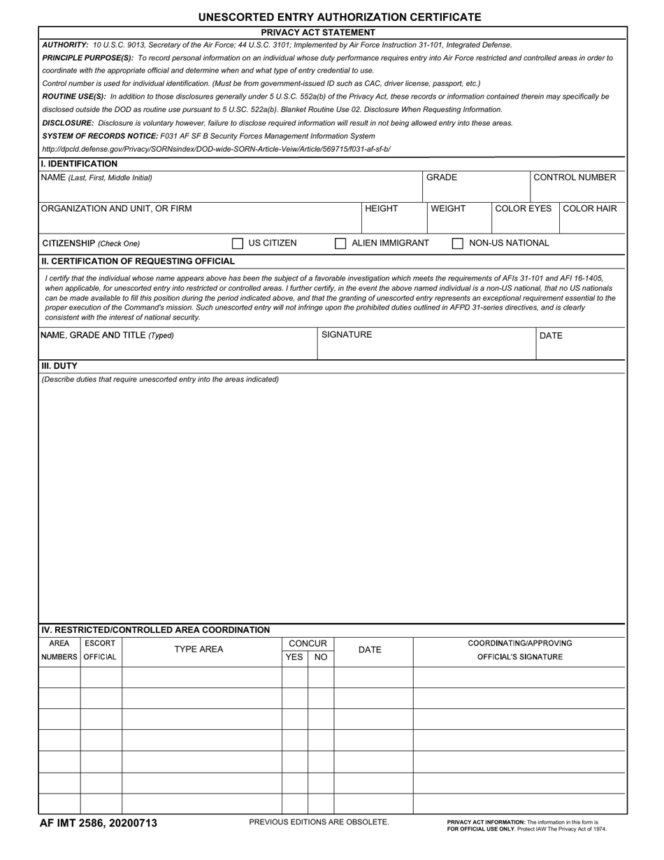 AF IMT Form 2586 Unescorted Entry Authorization Certificate, Page 1