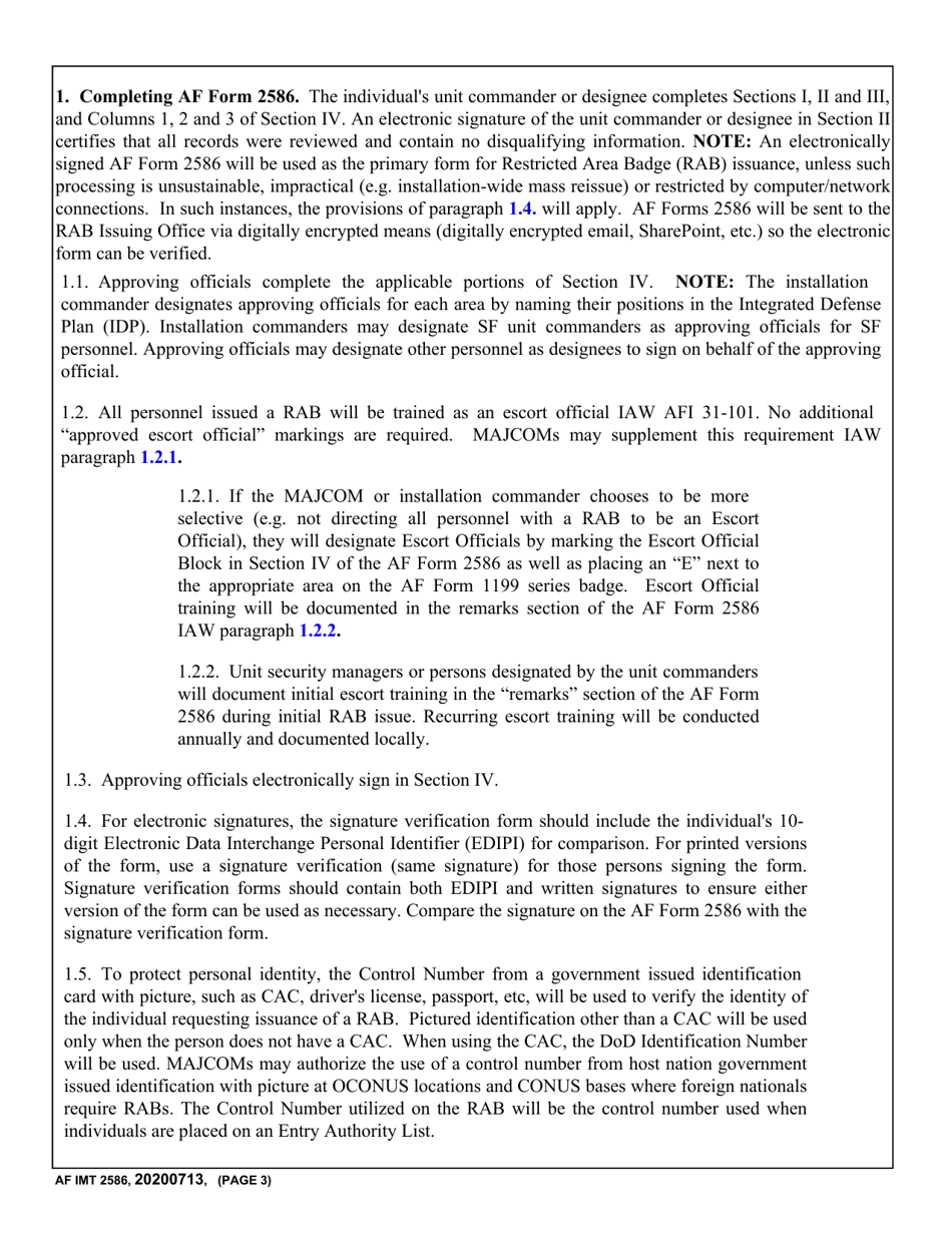 AF IMT Form 2586 Unescorted Entry Authorization Certificate, Page 3